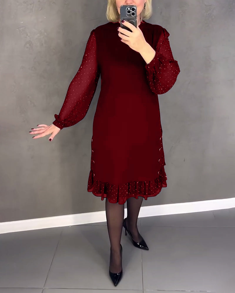 Round Neck Dot Mesh Sleeve Ruffle Hem Shift Midi Dress 3