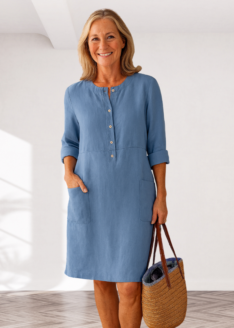 Henley Neck Roll Sleeve Patch Pocket Linen Shift Midi Dress 2