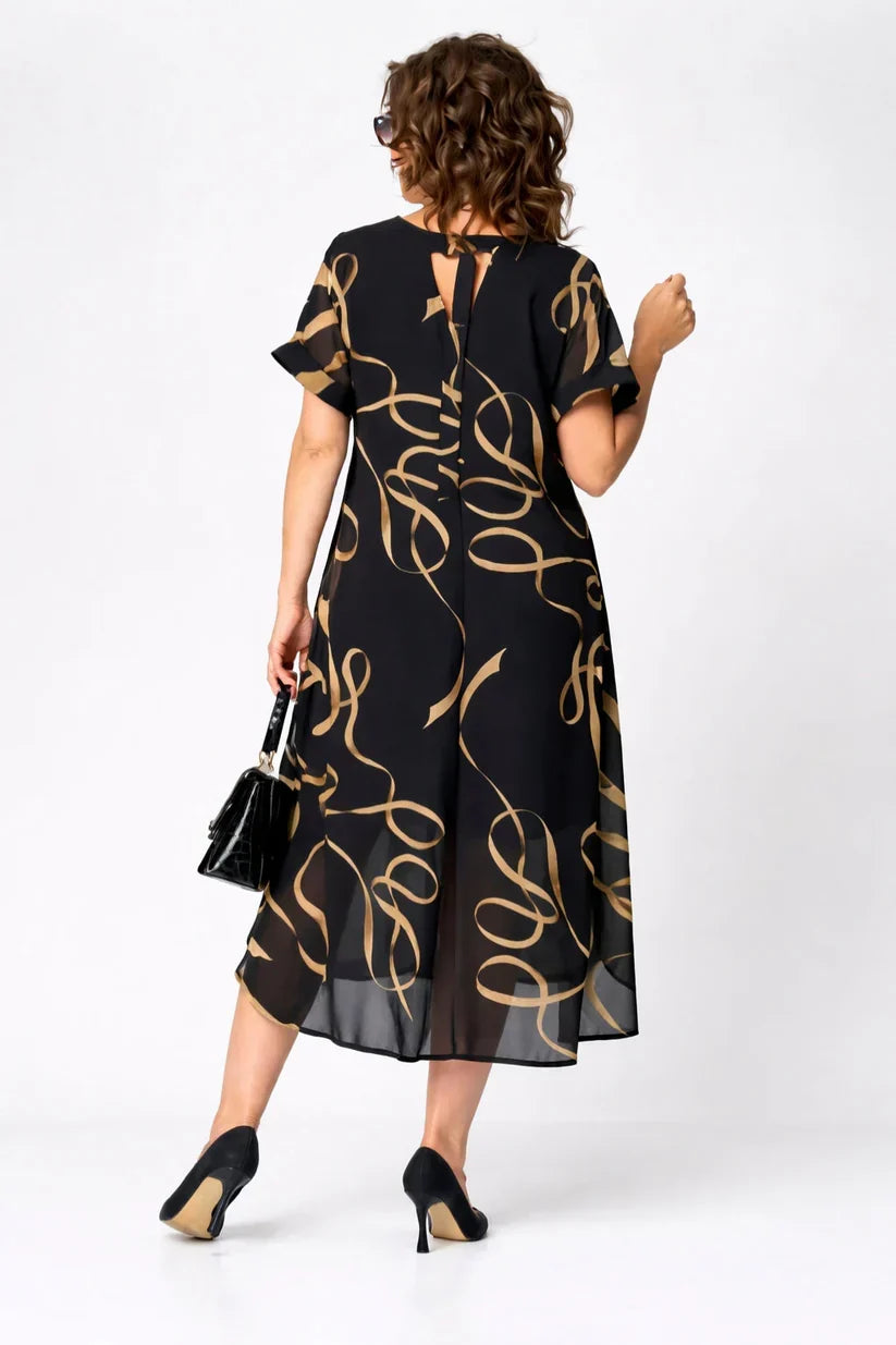 V-Neck Short Sleeve Abstract Swirl Print Chiffon A-Line Midi Dress