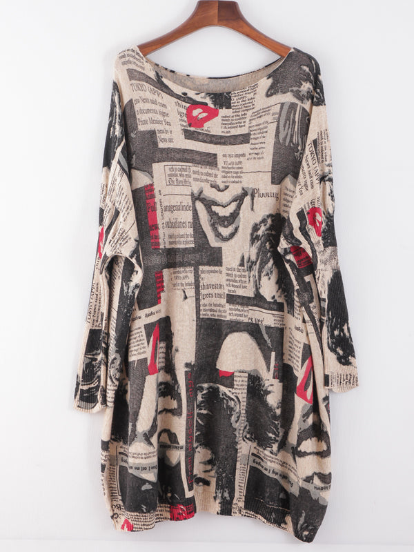 Boat Neck Batwing Sleeve Newspaper Print Oversized Knit Sweater 9