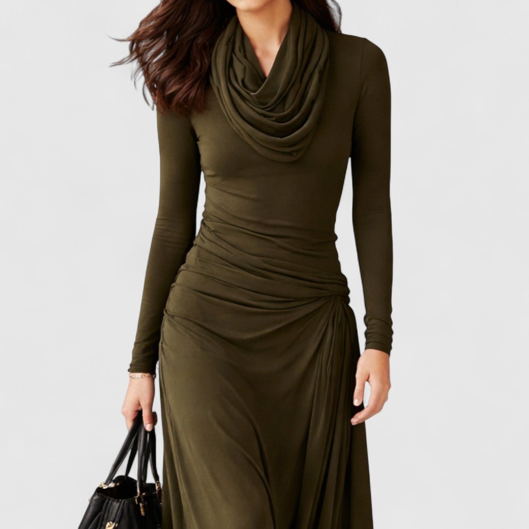 Olive Green Cowl Neck Long Sleeve Ruched Waist Flowy Maxi Dress