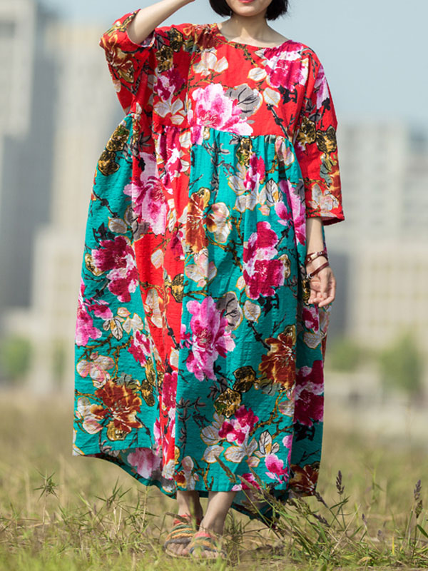 Round Neck Floral Print Half Sleeve Loose Maxi Dress 3