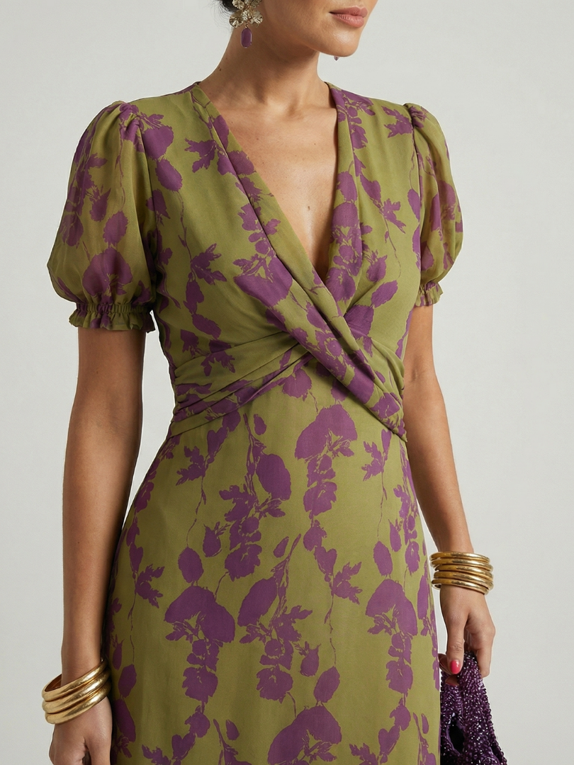 Floral V-Neck Puff Sleeve Floral Print Wrap Front A-Line Midi Dress