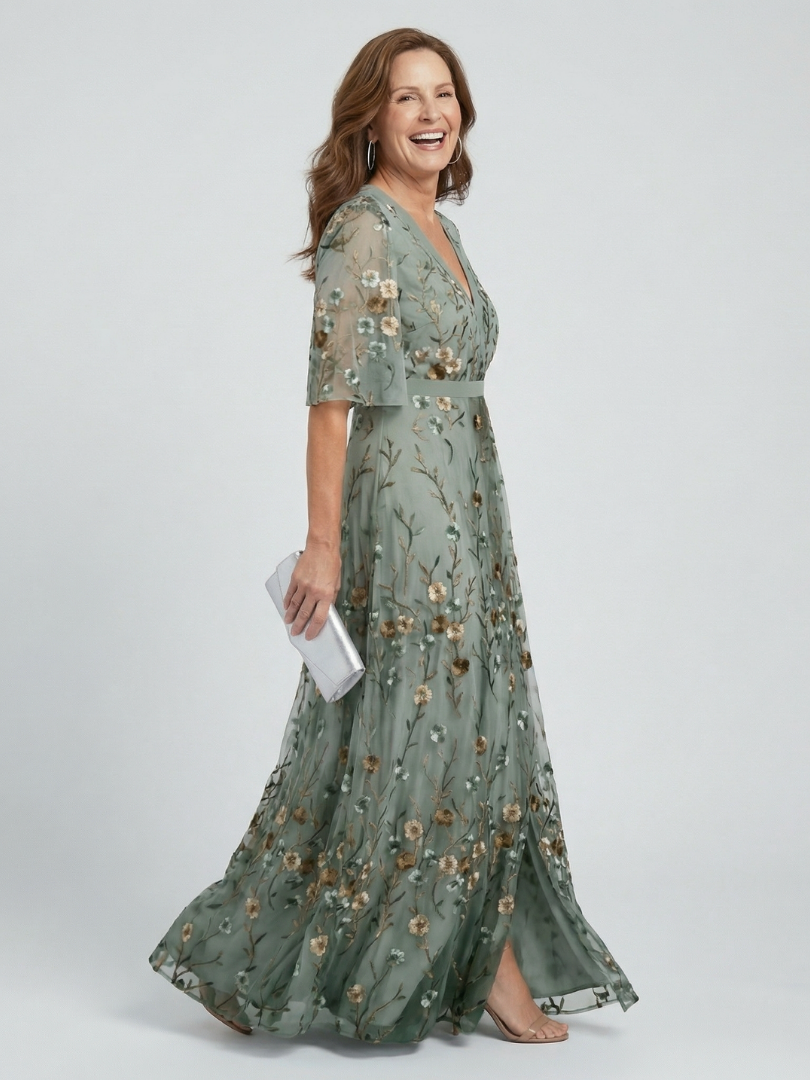 Sage Green V-Neck Flutter Sleeve Floral Embroidered Tie Waist Flowy Maxi Dress 2