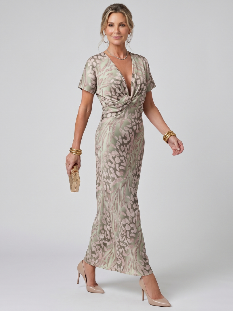 V-Neck Twist Front Satin Abstract Print Column Maxi Dress 3