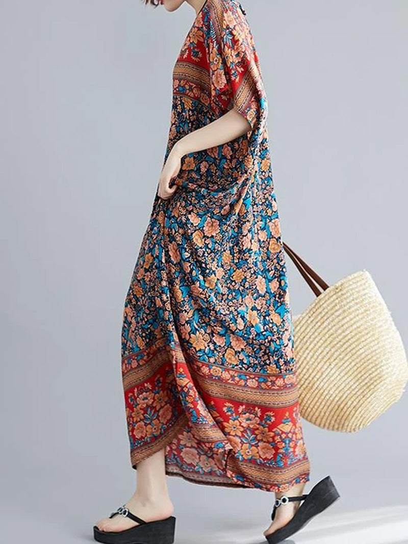 Navy Blue V-Neck Batwing Sleeve Bohemian Floral Print Loose Kaftan Maxi Dress 3