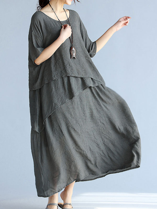 Round Neck Layered Short Sleeve Loose A-Line Linen Maxi Dress 5