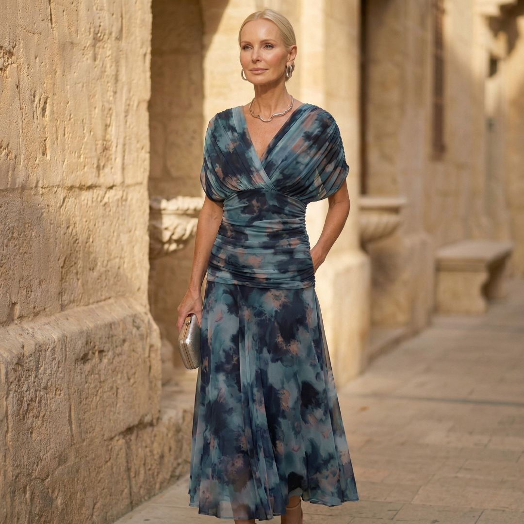 Blue Watercolor V-Neck Draped Dolman Sleeve Watercolor Ruched Chiffon Midi Dress