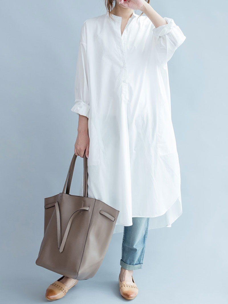 White Band Collar Button Front Long Sleeve Loose High-Low Shirt Dress 4