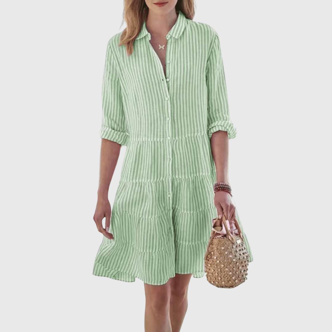 Collared Striped Button Front Long Sleeve Tiered Shirt Mini Dress