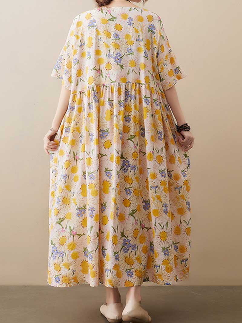 Yellow Round Neck Daisy Floral Short Sleeve Pleated Loose Maxi Dress 2