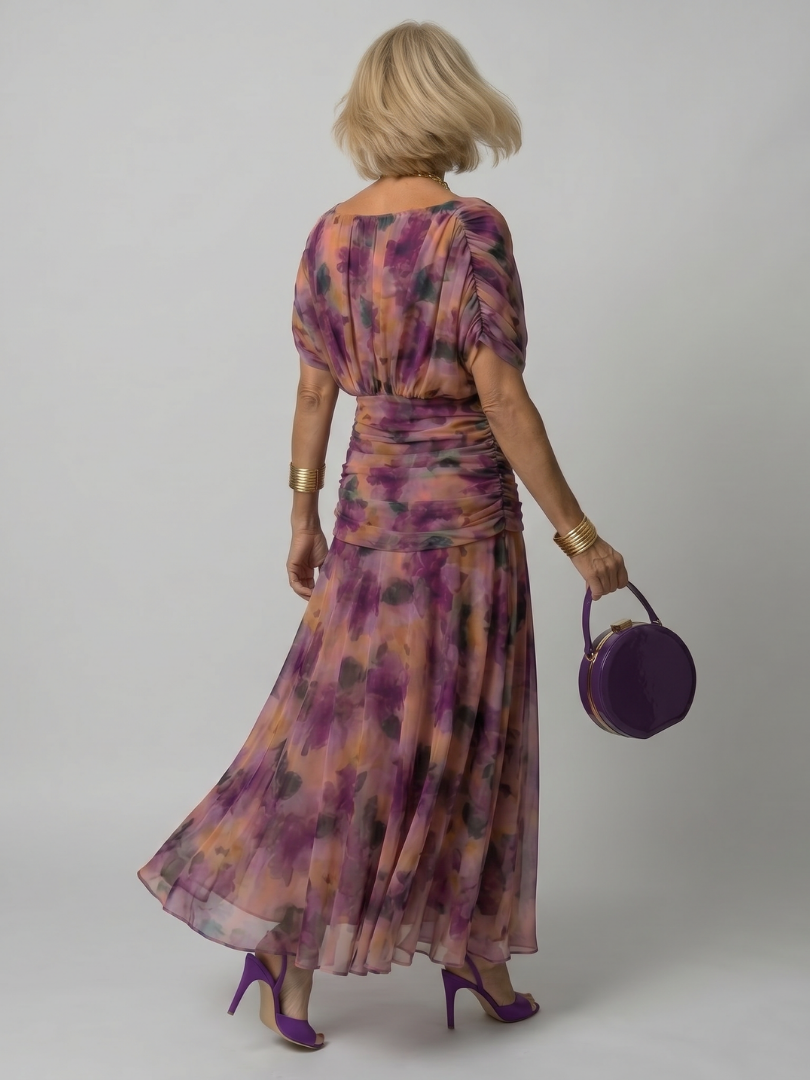 Off-Shoulder Floral Chiffon Ruched Draped A-Line Maxi Dress 4