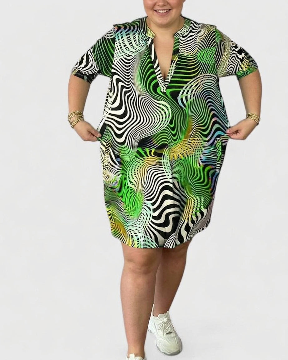 Notch V-Neck Abstract Swirl Print Short Sleeve Shift Midi Dress