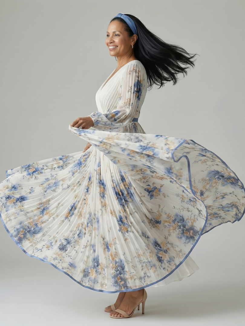 White V-Neck Wrap Pleated Floral Long Sleeve Flowy Maxi Dress