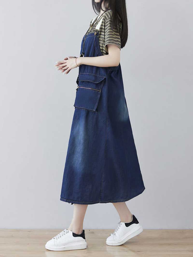 Dark Blue Adjustable Strap Washed Denim Pocket Overall Midi Dress