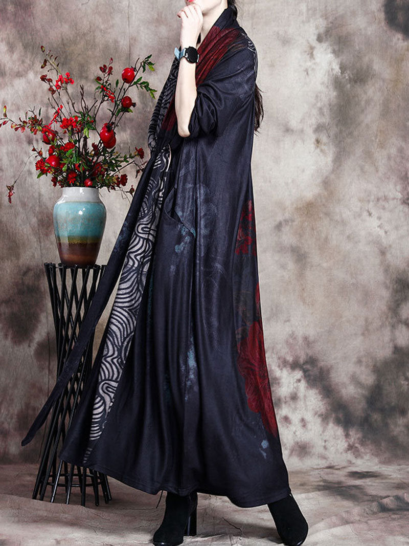 Black Draped Lapel Long Sleeve Abstract Print Asymmetric Maxi Dress