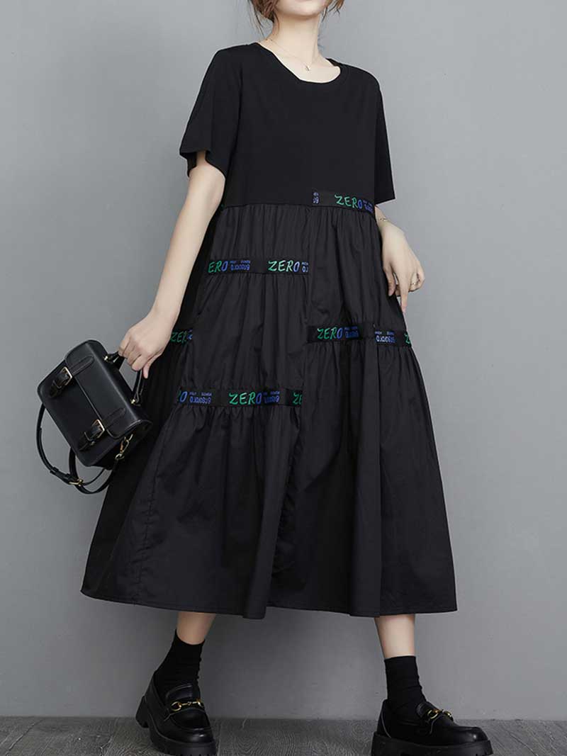Black Round Neck Letter Tape Tiered Short Sleeve Loose Smock Midi Dress