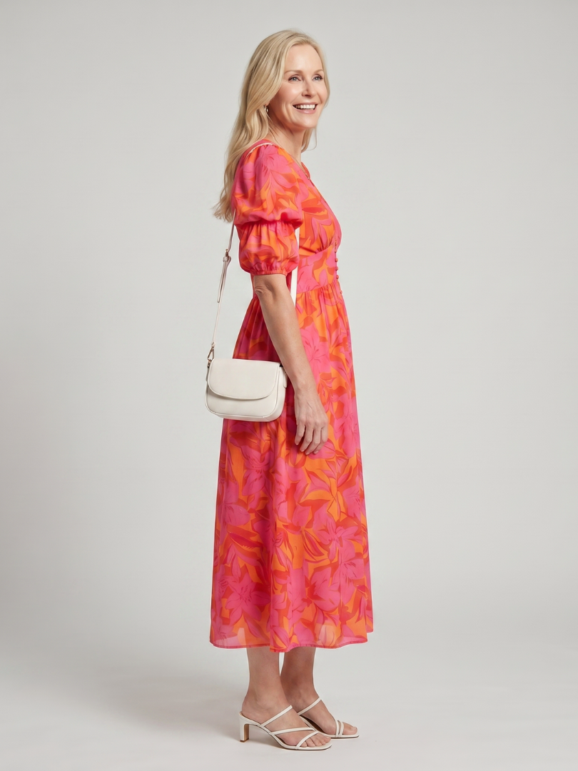 Multicolor V-Neck Puff Sleeve Floral Print Button Front A-Line Midi Dress 2