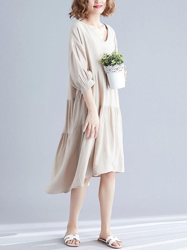 V-Neck Three-Quarter Sleeve Tiered Loose A-Line Midi Dress 7