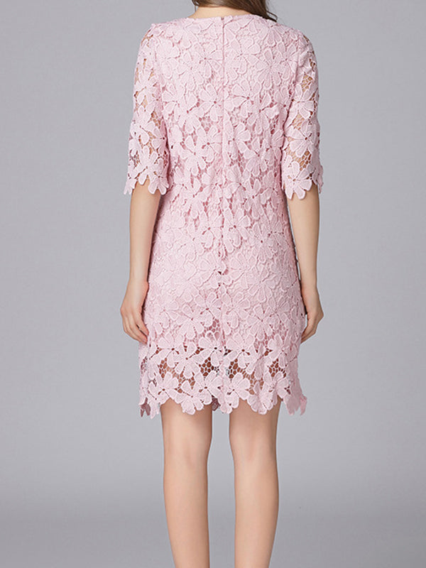 Pink Round Neck Floral Crochet Lace Scalloped Hem Shift Mini Dress 2