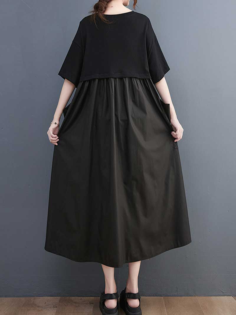 Round Neck Short Sleeve Layered Asymmetric Loose A-Line Midi Dress 4