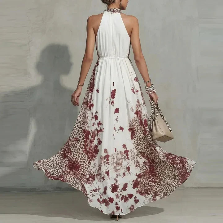 White Halter Neck Floral Leopard Print Sleeveless Pleated Maxi Dress 3