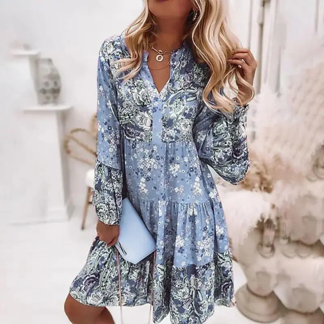 V-Neck Floral Boho Long Sleeve Tiered Ruffle Mini Dress