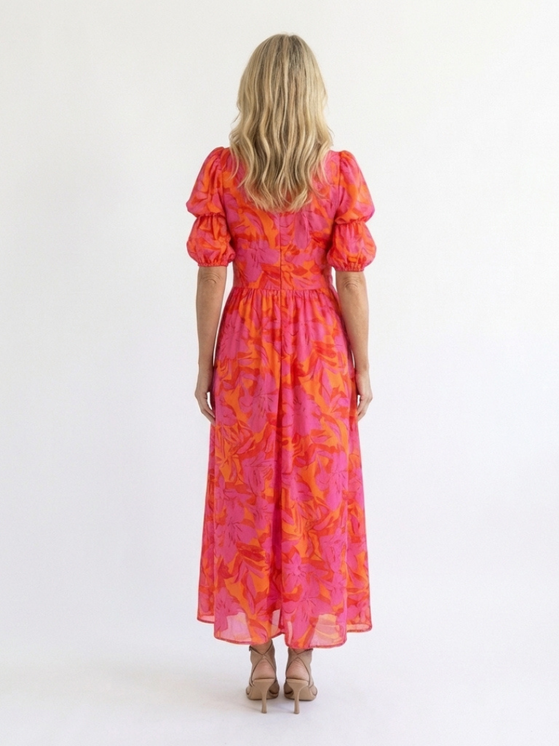 Pink V-Neck Floral Puff Sleeve Button Front Flowy Maxi Dress