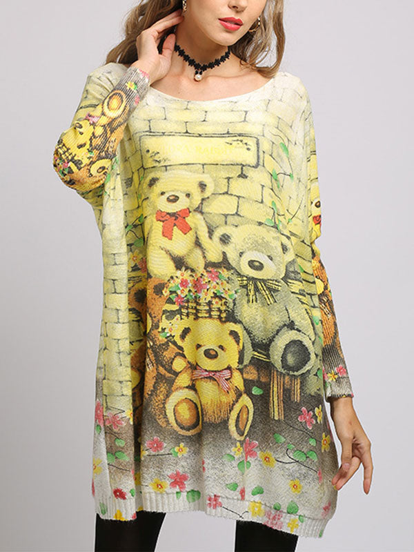 Boat Neck Long Sleeve Teddy Bear Print Knit Sweater 3