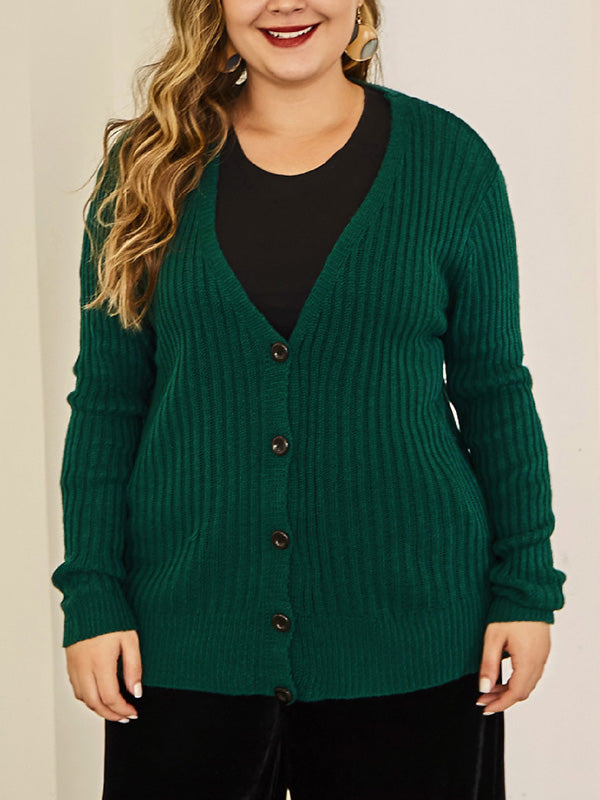 Green V-Neck Button Front Ribbed Knit Boxy Cardigan Sweater