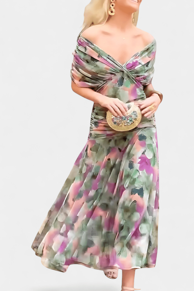V-Neck Draped Ruched Short Sleeve Bodycon Maxi Dress