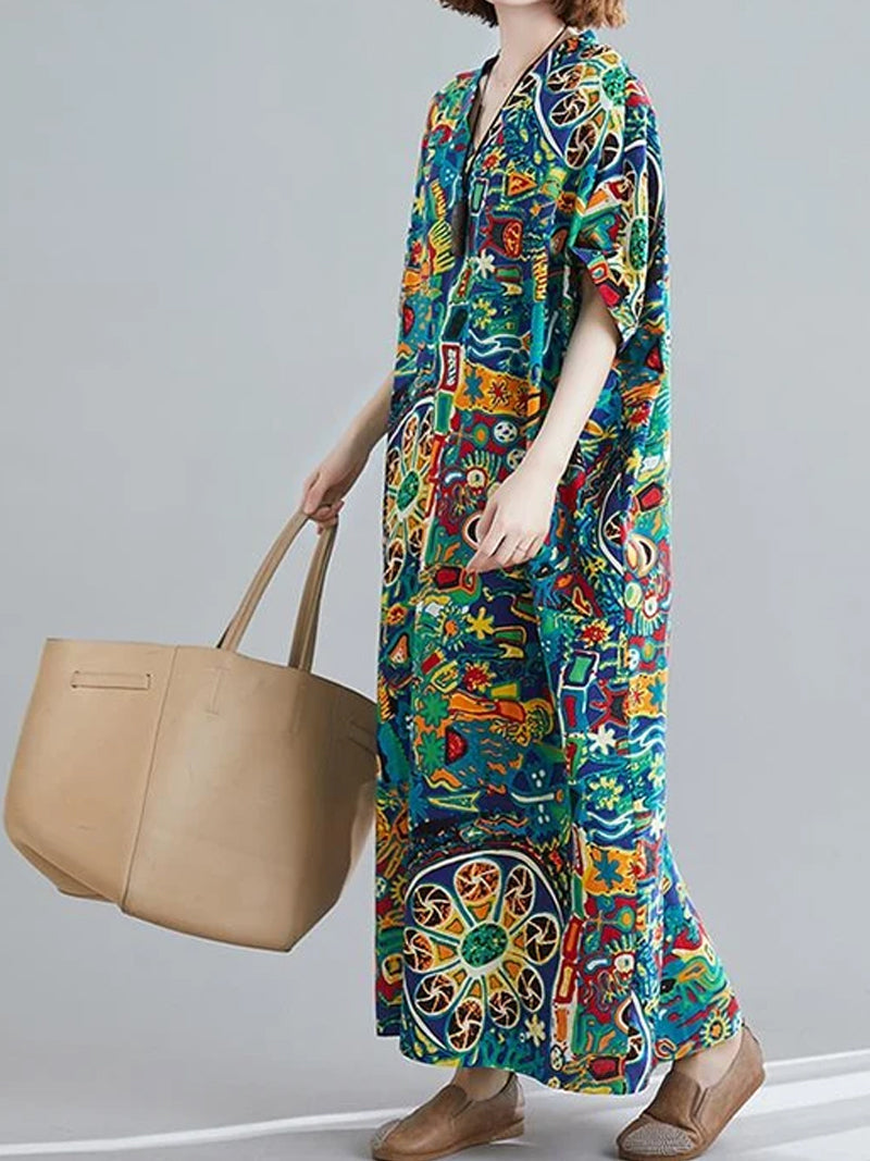 Multi Color V-Neck Abstract Print Short Sleeve Loose Kaftan Maxi Dress 3