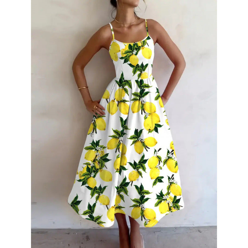 Spaghetti Strap Scoop Neck Lemon Print Fit Flare Midi Dress