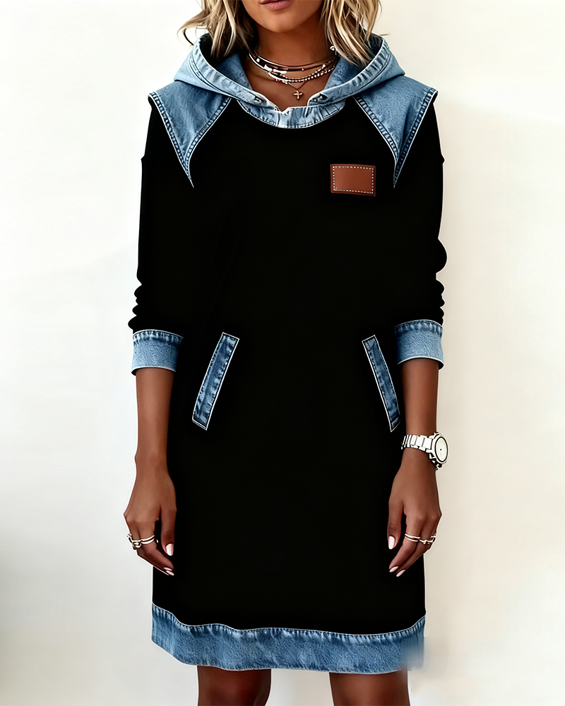 Hooded Long Sleeve Denim Contrast Panel Pocket Sweatshirt Mini Dress