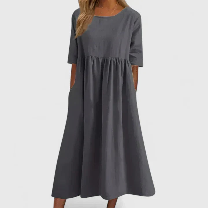 Round Neck Half Sleeve Textured Pleated Pocket A-Line Midi Dress