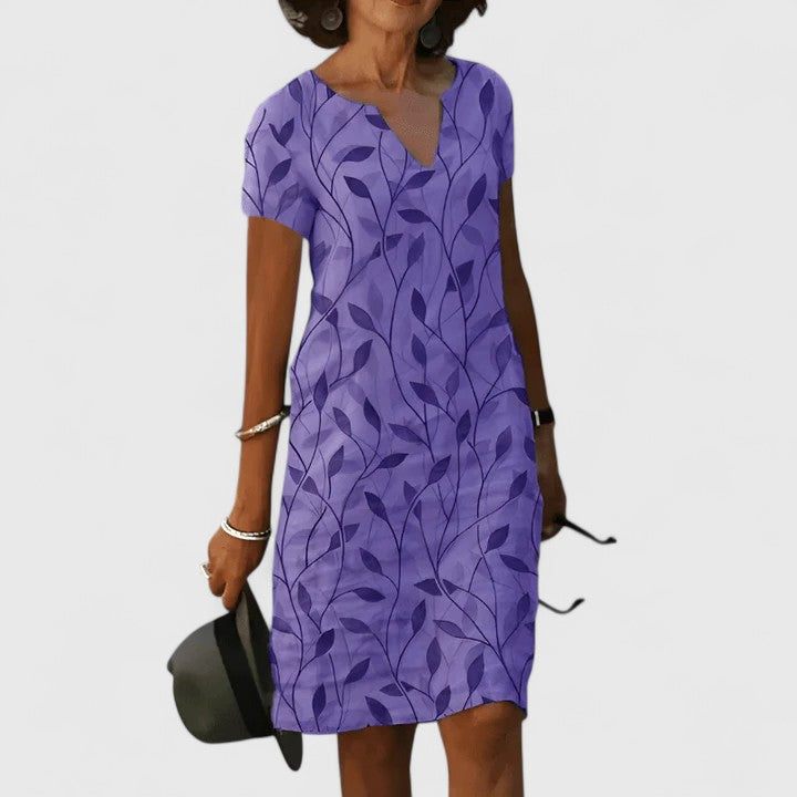 Notched Neck Leaf Print Short Sleeve Shift Midi Dress 3
