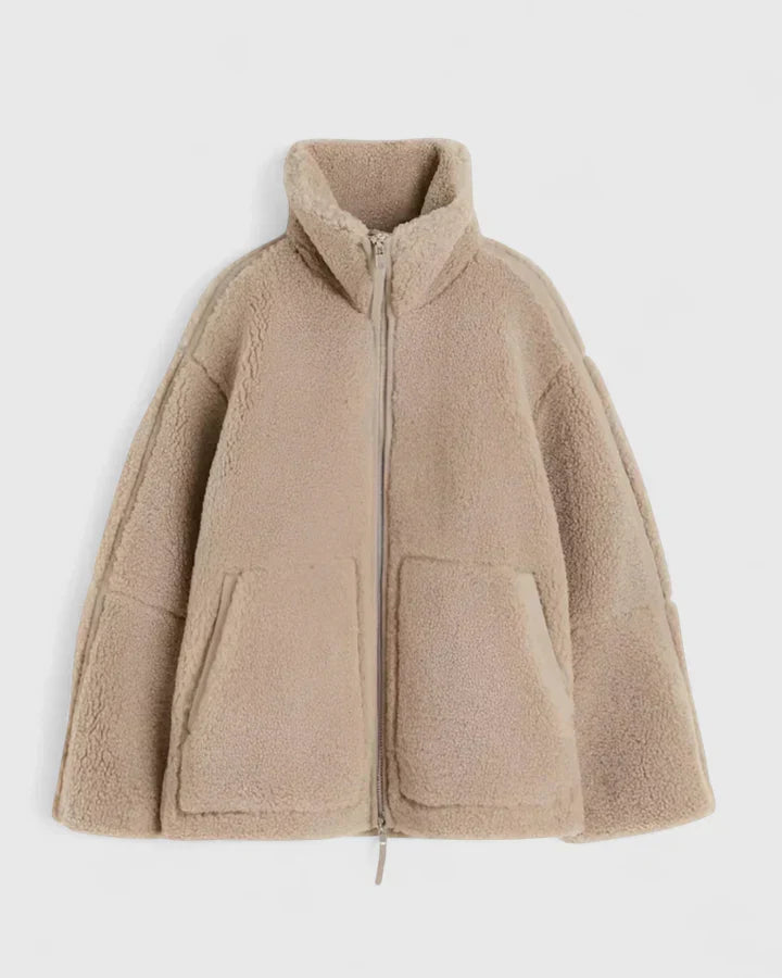 Stand Collar Zip-Front Patch Pocket Sherpa Teddy Jacket