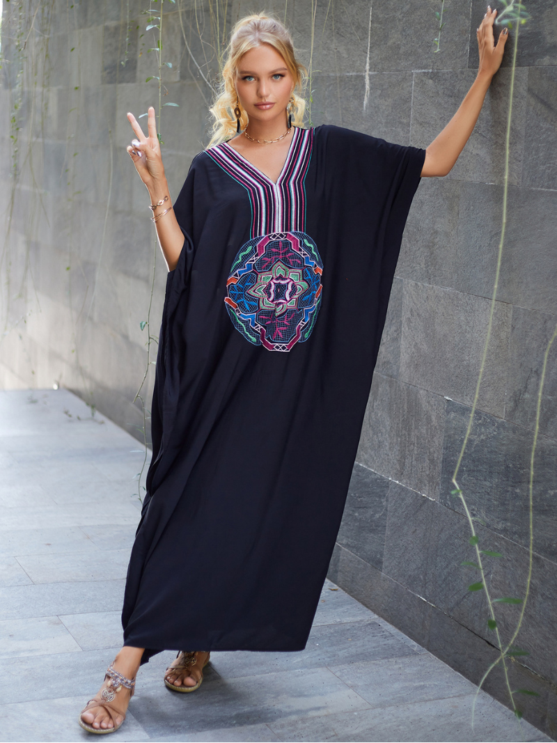 Black V-Neck Batwing Sleeve Embroidered Medallion Kaftan Maxi Dress 2