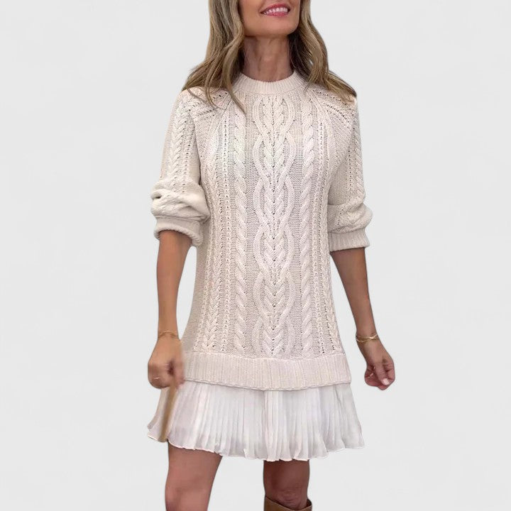 Crew Neck Cable Knit Pleated Hem Long Sleeve Sweater Dress