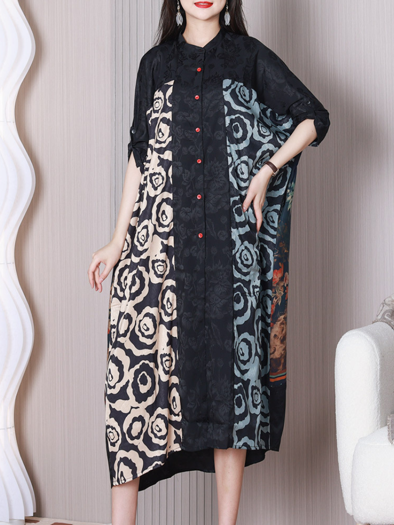Black Stand Collar Button Front Floral Patchwork Short Sleeve Shirt Midi Dress