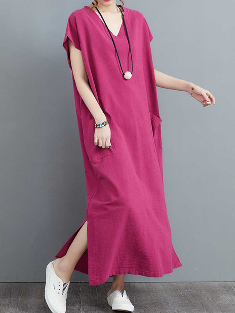 V-Neck Short Sleeve Patch Pocket Side Slit Loose Maxi Dress 5