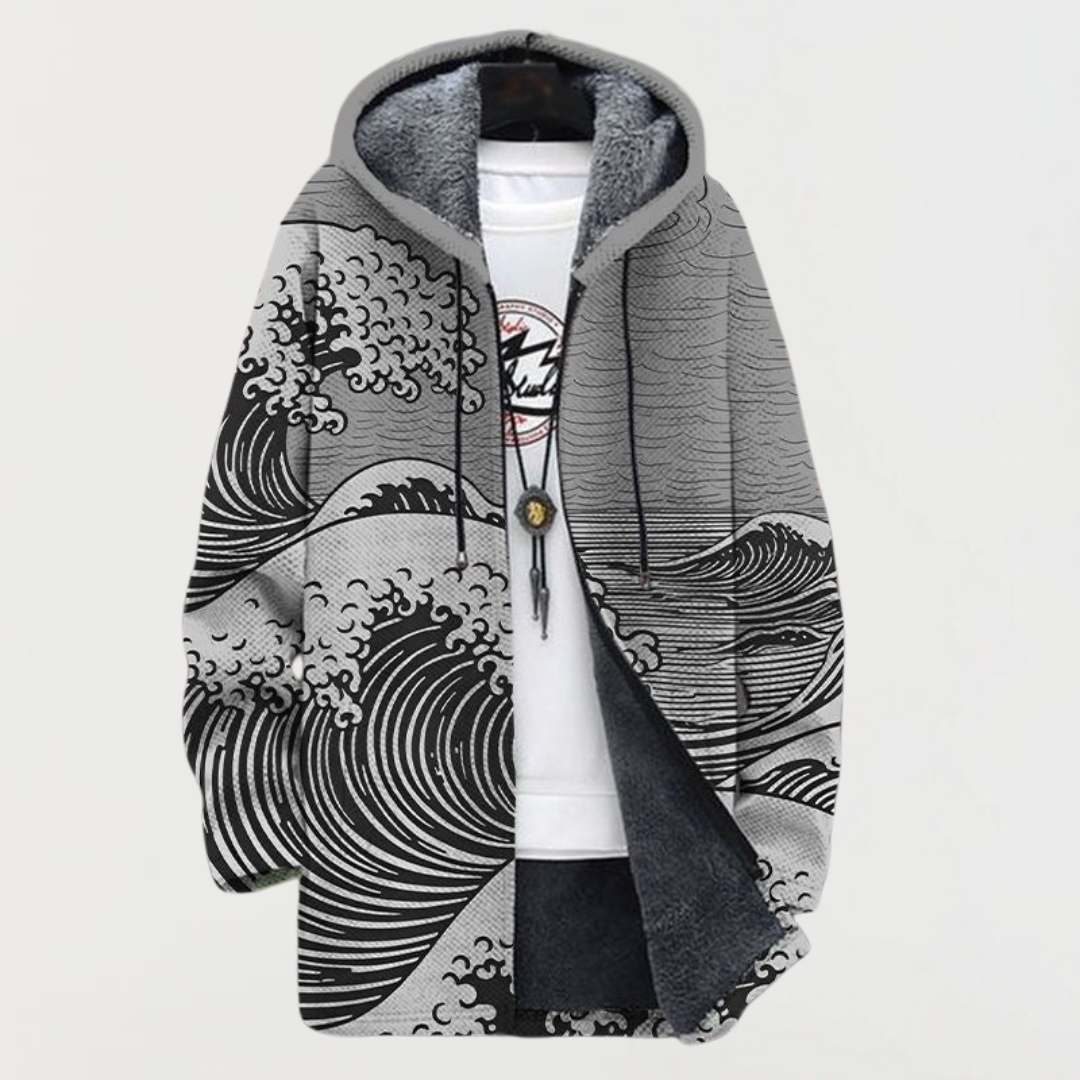 Hooded Wave Print Fleece-Lined Zip Front Coat 5