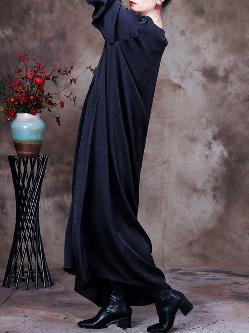 Black Round Neck Floral Embroidered Applique Loose A-Line Maxi Dress 3