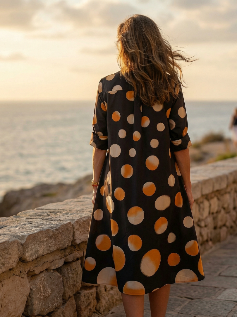 Black Collared Button Placket Oversized Polka Dot Long Sleeve Shirt Dress 4