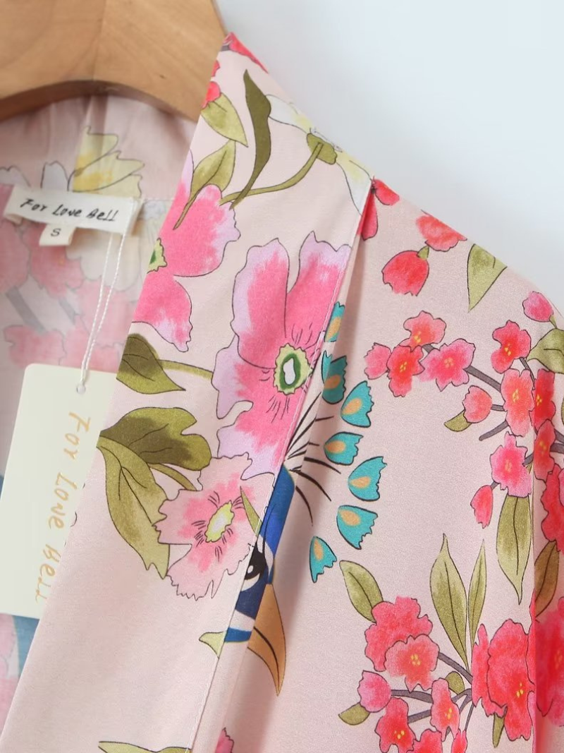 Mixed Floral Print Belted Bell Sleeve Long Kimono Robe 2