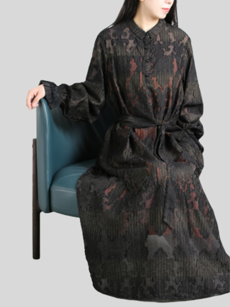 Black Stand Collar Abstract Print Tie Waist Long Sleeve A-Line Maxi Dress