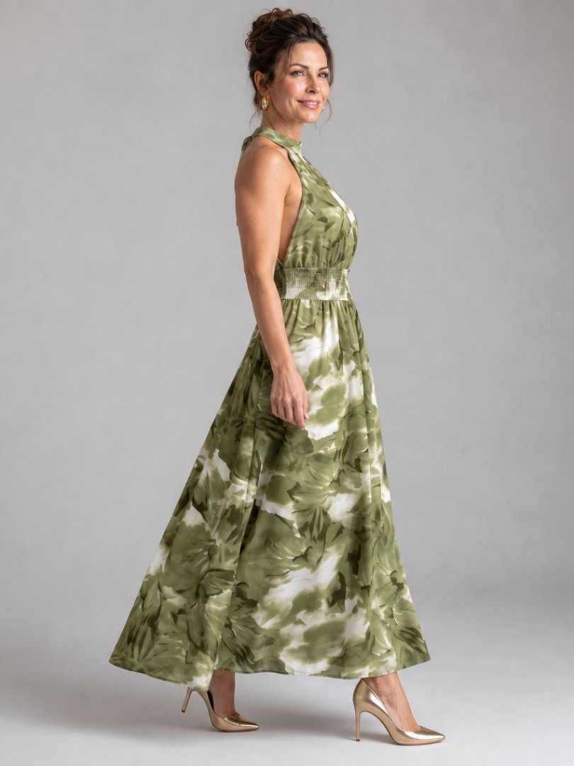 Halter Neck Abstract Floral Smocked Waist Sleeveless Maxi Dress 2