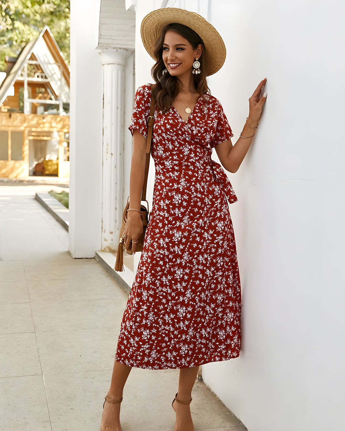 V-Neck Ditsy Floral Wrap Tie Waist Short Sleeve A-Line Maxi Dress 2
