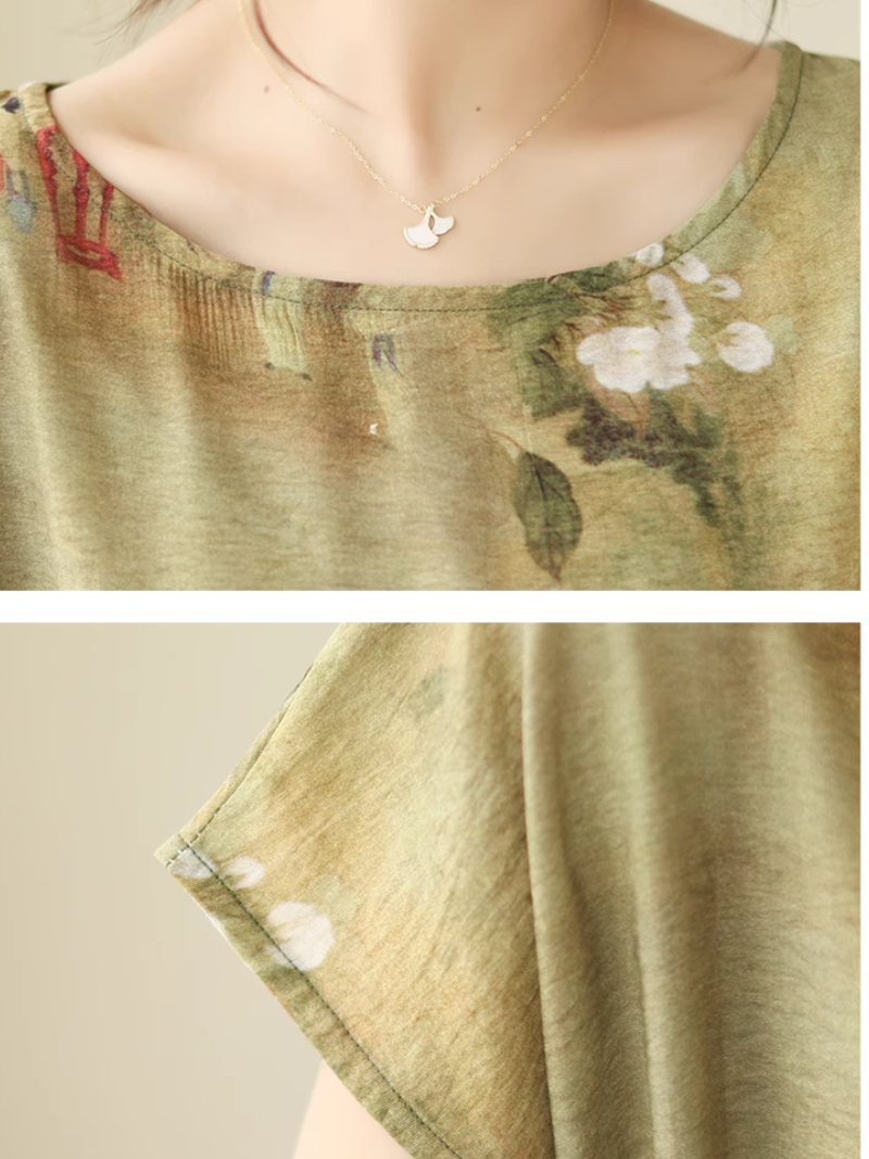 Boat Neck Cap Sleeve Floral Print Tie Waist Loose Midi Dress 3
