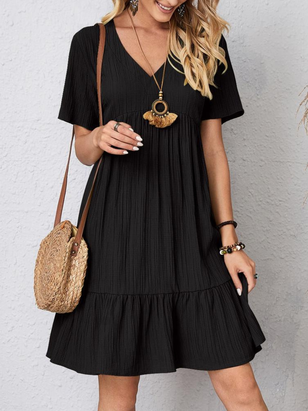 V-Neck Textured Short Sleeve Tiered Ruffle Hem Swing Mini Dress